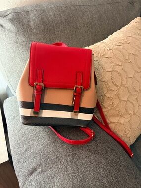 Red and Tan Striped Women's Backpack Purse
